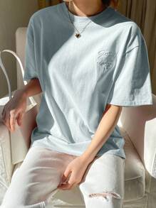 DAZY 字母刺绣落肩T恤夏季学院风上衣 - 淺藍色 - 查看 5