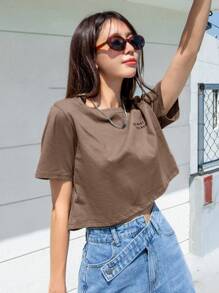 DAZY 标语印花短袖T恤“DO WHAT YOU WANT”夏季女款短款上衣 - 咖啡棕 - 查看 5