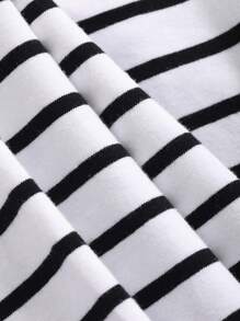 Livesso Camiseta De Cuello Redondo A Rayas Con Hombreras Para Ocasiones Casuales De Verano - Blanco y Negro - Ver 10