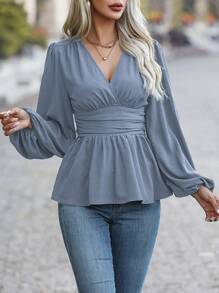 SHEIN Clasi 灯笼袖衬衫，腰部褶饰和荷叶边下摆荷叶边上衣