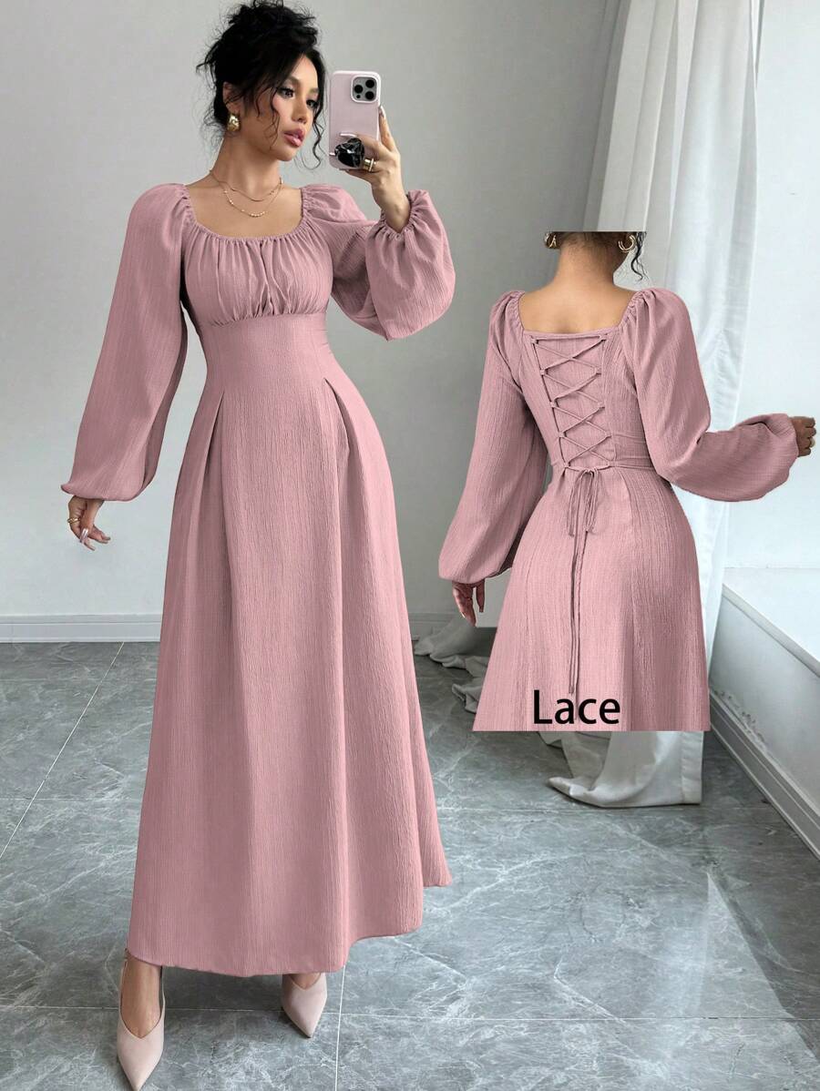 Modelyn 女士优雅长裙，方领，灯笼袖，褶皱，后系带，纯色，适合秋季长款女装