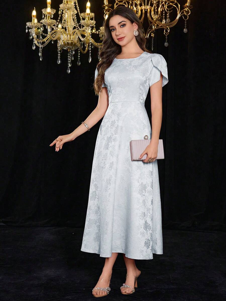 Modelyn 女士优雅纯色提花花瓣袖连衣裙，适合派对穿着 - 淺藍色 - 查看 1