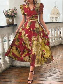 EMERY ROSE 女士夏季 V 领热带植物印花短款泡泡袖长裙女装 - 酒紅色 - 查看 3