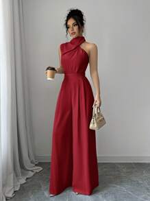 Firerie Women's Apricot Turtleneck Sleeveless Wide Leg Jumpsuit - Red - View 4