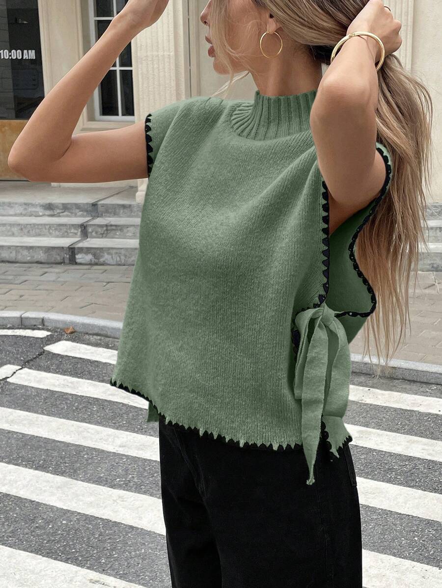 SHEIN Frenchy 女式立领花卉边饰侧系带宽松针织毛衣背心，绿色上衣