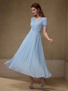 MOTF PREMIUM 对比色蕾丝褶饰连衣裙 - 藍色 - 查看 5