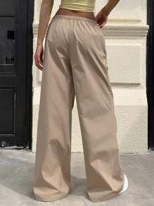 Muchica Women's Solid Color Drawstring Waist Pleated Palazzo Pants, Casual - Camel - View 2