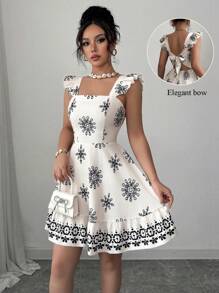 Elenzga Women's Tie Back Waist Ruched Design Printed Mini Sleeve Holiday Casual Commuter Dress