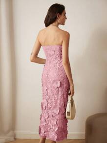 GENKIRA 女士派对约会 3D 花卉刺绣露肩中长连衣裙 - 粉色 - 查看 5