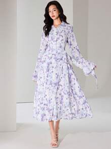 Modelyn Women's Floral Print Single Breasted Peplum Sleeve Tie-Waist Long Dress - Multicolor - View 1