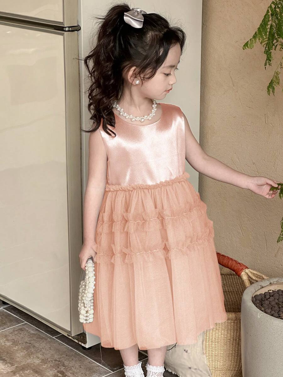 DAZY Young Girls Crew Neck Sleeveless Mesh Tulle Dress, Summer - Pink - View 1