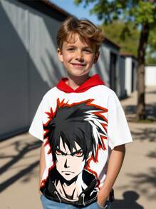 SHEIN 男童休閒對比色帽短袖針織t恤,印有卡通圖案,附帽子 - 彩色 - 查看 8