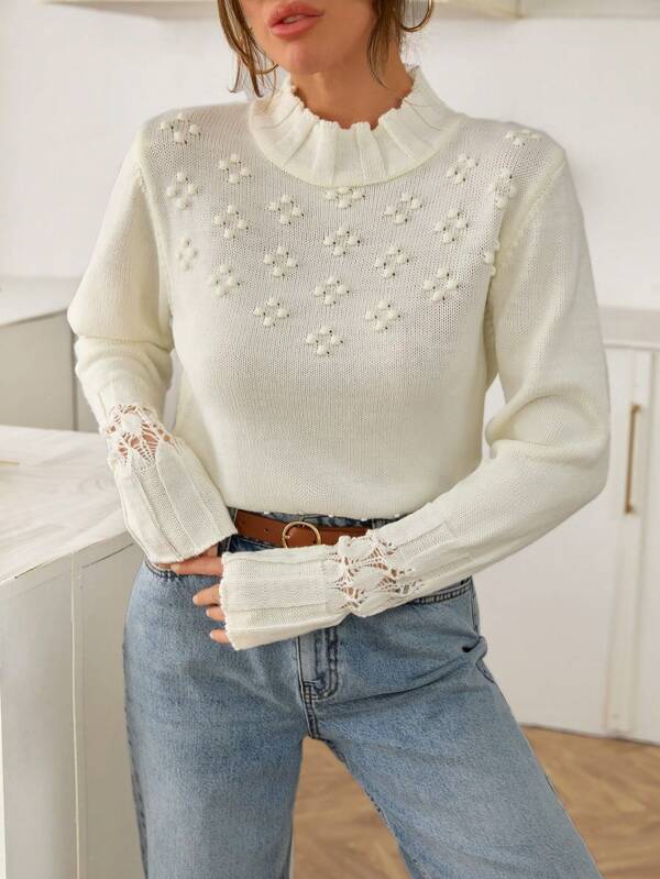 SHEIN Pulover casual tricotat confortabil și elegant, cu design delicat din dantelă, stil relaxat