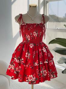 Sweetra 大码女式细肩带系腰分层花卉印花连衣裙