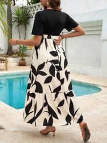 SHEIN Maternity Plant Print Round Neck Ruffle Hem Casual Midi Dress - Multicolor - View 2