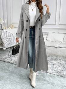 SHEIN Clasi 休闲人字纹粗花呢双排扣大衣，秋冬季女士面料 - 灰色 - 查看 4
