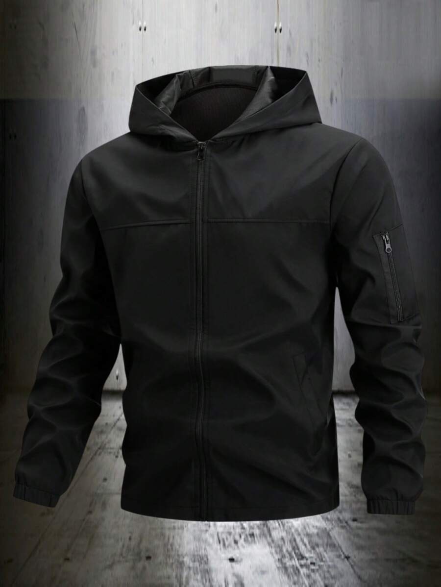 Manfinity Homme Chaqueta casual con capucha con cremallera de unicolor de manga larga para hombre, chaqueta táctica para hombre, otoño - Negro - Ver 1