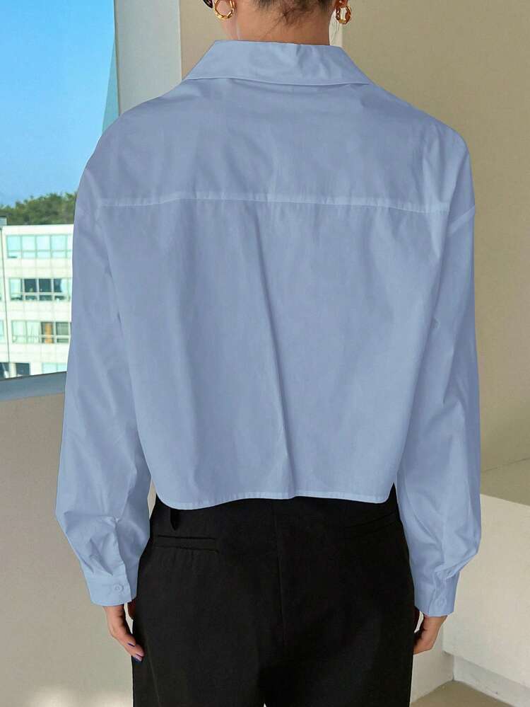 Solid Color Turn-Down Collar Crop Women Long-Sleeved Shirt Long Sleeve Top