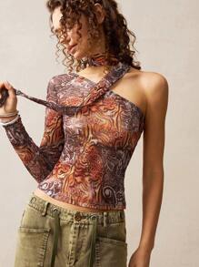 Bohemela Boho Knitted Leopard Print Net Fabric Slash Neck Fitted Women Top