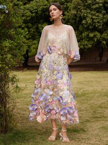 Anewsta 刺绣花卉 3D 网眼长披肩/围巾连衣裙，优雅节日外出度假装女士春季 - 淡紫色 - 查看 8