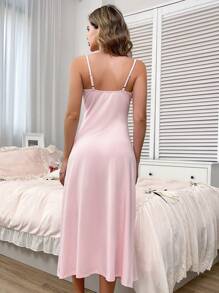 Lace Trim V-Neck Side Slit Cami Maxi Nightgown - Baby Pink - View 3