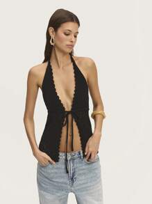 Nöista Áo len cổ chữ V màu trơn, thắt dây ngực, thích hợp cho các dịp lễ hội dành cho nữ. - màu đen - Xem 2