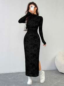 SHEIN EZwear 黑色植绒网眼女士长款紧身连衣裙 - 黑色 - 查看 4