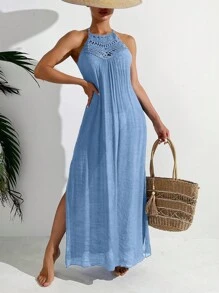 SHEIN Vestido de vacaciones para mujer de unicolor con escote halter y calado