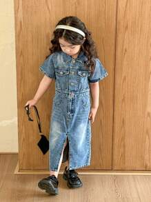 SHEIN Jonge meisjes gewassen blauwe casual split zoom korte mouwen denim jurk, getailleerd minimalistisch en veelzijdig ontwerp, geschikt voor dagelijks gebruik
