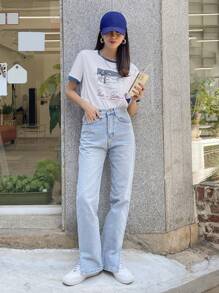 DAZY Letter & Palm Tree Print Contrast Binding Tee,Graphic Tees