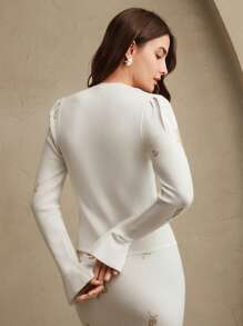 Anewsta Áo len cardigan họa tiết hoa bóng thanh lịch dành cho nữ, phù hợp cho mùa xuân, váy dự tiệc cưới, váy tốt nghiệp, kín đáo - Màu be - Xem 5