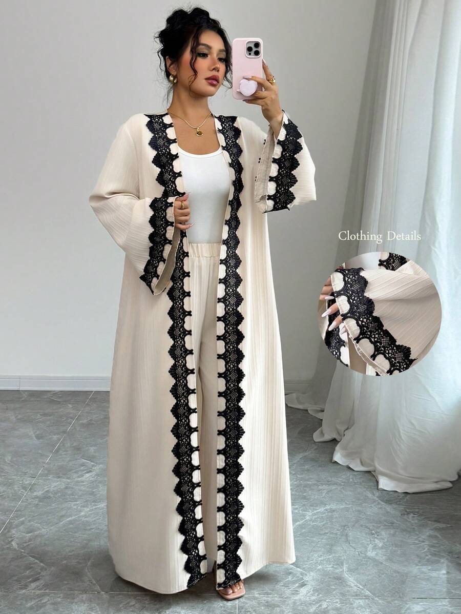 Elenzga 2pcs Set Lace Patchwork Open Front Long Jacket And Pants, Lightweight Fall Cloth For Women - Multicolor - View 1