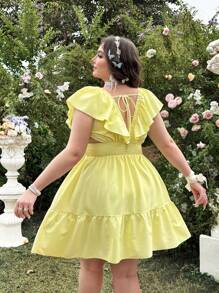 Lyrianda Sexy & Fashionable Oversized Summer V-Neck Sleeveless Hollow Out Design Ruffled Mini Dress For Women - Yellow - View 2