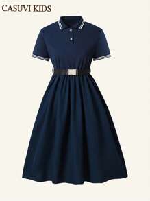 SHEIN Teen Girls' Casual Dress, Elegant Dress For Campus, Fashionable & Vintage Style Suitable For Spring/Summer Daily Wear Without Belt
