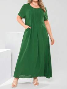 EMERY ROSE Plus Size Women Solid Color Round Neck Short Sleeve Pocketed Pleated Casual Dress Spring Outfits For Women Bridal Shower Dress White Elegant Sage Green
