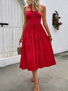 Breezaya Women's Solid Color Sleeveless Ruffle Hem Vacation Dress - Red - View 4