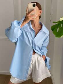 Livesso Blusa suelta de unicolor con cuello vuelto, espalda descubierta y lazo, de manga larga, para mujer, ropa de otoño - Azul - Ver 5