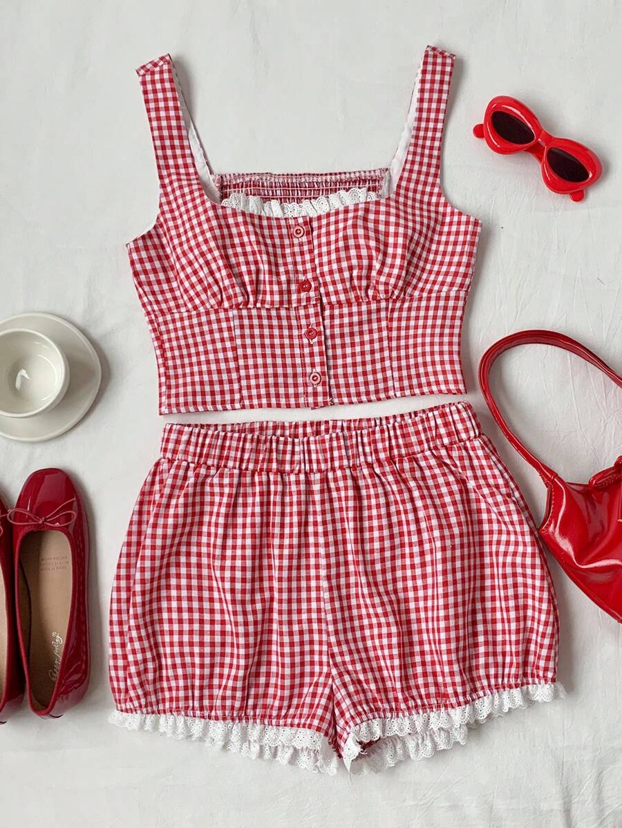 Comfortcana 2pcs Women Summer Beach Western Plaid Patchwork Embroidered Cropped Tank Top And Shorts Set