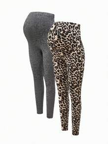 SHEIN Adjustable Waist Maternity Leggings, Black And Leopard Print, 2-In-1 Pack - Grey - View 1