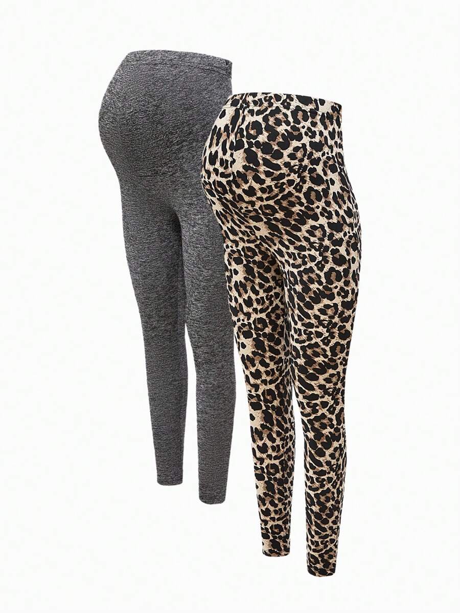 SHEIN Adjustable Waist Maternity Leggings, Black And Leopard Print, 2-In-1 Pack - Grey - View 1