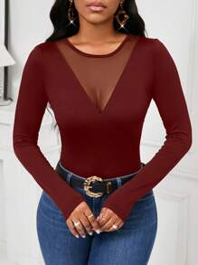 SHEIN Lady 2025 New Women Autumn Elegant Mesh Splice Fitted Long Sleeve Burgundy T-Shirt,Red Top,Christmas,Red Top - Redwood - View 1