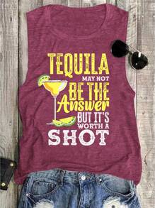 INAWLY Slogan Graphic Tank Top TEQUILA MAY NOT BE THE ANSWER BUT IT'S WORTH A SHOT Graphic Tees Women Tops - Burgundy - View 1