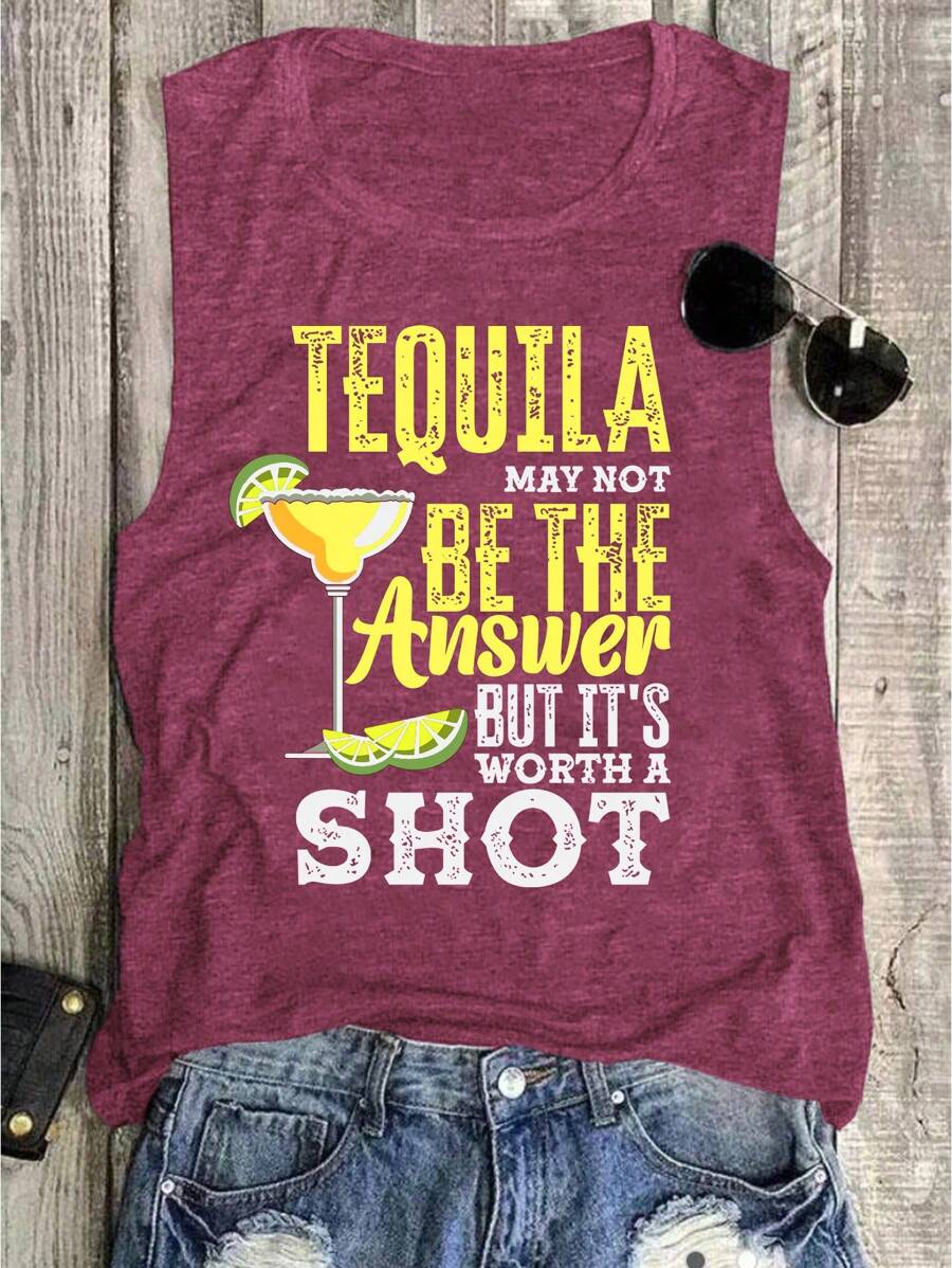 INAWLY Slogan Graphic Tank Top TEQUILA MAY NOT BE THE ANSWER BUT IT'S WORTH A SHOT Graphic Tees Women Tops - Burgundy - View 1