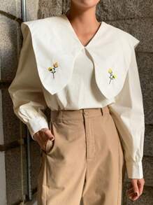 DAZY Floral Embroidery Statement Collar Lantern Sleeve Blouse Long Sleeve Top