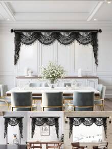 1 pieza Cortina de encaje francés negro, con estilo dulce y volante floral delicado, adecuado para decorar ventanas y puertas de la sala de estar y el dormitorio