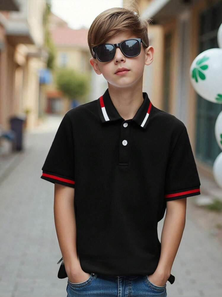 SHEIN Polo extragrande informal para niño Tween con cuello en contraste y patchwork de bloques de color - Negro - Ver 4