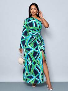 SOLERSUN Women's Fashion One Shoulder Long Sleeve All Over Printed Ruffled High Slit Maxi Dress For Vacation (Random Floral)