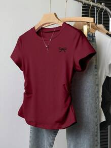 SHEIN Conjunto informal de 3 piezas para adolescentes que incluye camiseta con volantes en la cintura y estampado de moño