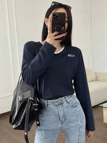 Dazy-Less Color-Blocked Long Sleeve T-Shirt With Letter Embroidery Old Money Style,Fall Clothes - Navy Blue - View 6