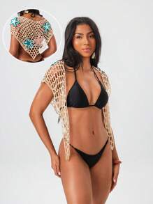Swim Mod Trang phục mùa hè cho phụ nữ mùa xuân mới gợi cảm lưới cá móc 3D sao biển che phủ khăn choàng bãi biển cho phụ nữ - Màu be - Xem 3